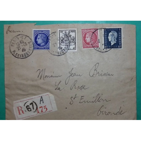 N°674 + 676 + 684 + 735 CERES MAZELIN DULAC ARMOIRIES RECOMMANDE PARIS POUR ST EMILION GIRONDE 1945 LETTRE COVER FRANCE