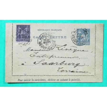 ENTIER SAGE 15C BLEU + COMPLEMENT AFFRANCHISSEMENT N°89 LETTRE NANCY POUR SARREBOURG LORRAINE 1897