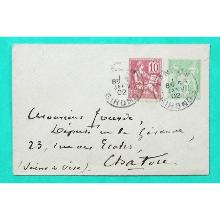 ENTIER SAGE 5C VERT JAUNE + COMPLEMENT AFFRANCHISSEMENT N°116 MOUCHON TARIF 15C LANGON GIRONDE POUR CHATOU SEINE ET OISE 1902