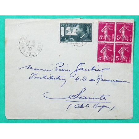 N°278B BLOC DE 4 SEMEUSE + N°337 MERMOZ LETTRE CHALETTE SUR LOING LOIRET + VIGNETTE LISIEUX CONGRES EUCHARISTIQUE NATIONAL 1937