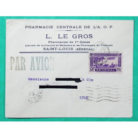 LETTRE PAR AVION ST LOUIS SENEGAL ENVELOPPE ENTETE PHARMACIE CENTRALE AOF POUR LYON 1936