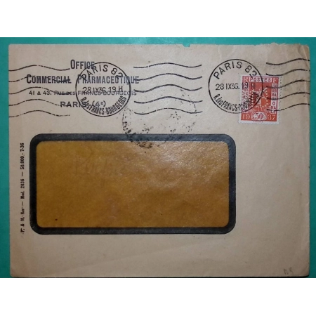 N°325 EXPO UNIVERSELLE PERFORE M.S. OFFICE COMMERCIAL PHARMACEUTIQUE PARIS 1936 LETTRE COVER FRANCE