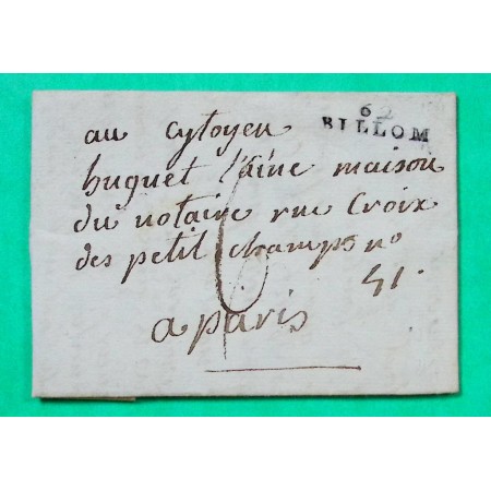 MARQUE 62 BILLOM PUY DE DOME POUR PARIS PERIODE REVOLUTIONNAIRE 23x7 1802