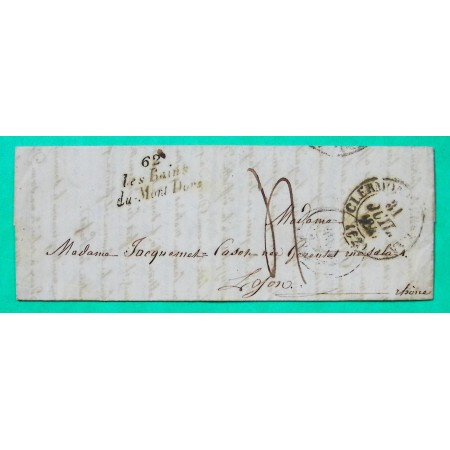 CURSIVE 62 LES BAINS DU MONT DORE PUY DE DOME + CAD TYPE 13 CLERMONT FERRAND POUR LYON 1842