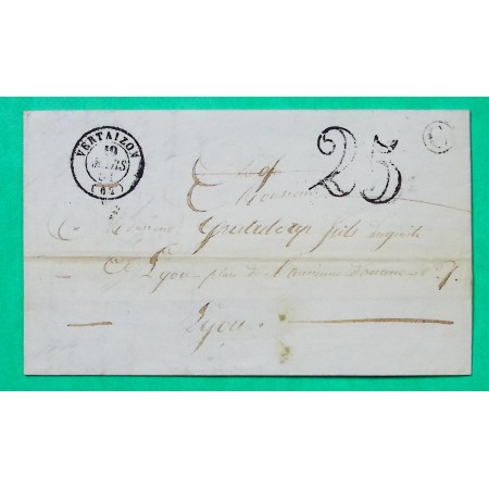 CAD TYPE 15 VERTAIZON PUY DE DOME BOITE RURALE C RAVEL POUR LYON RHONE TAXE 25 1851