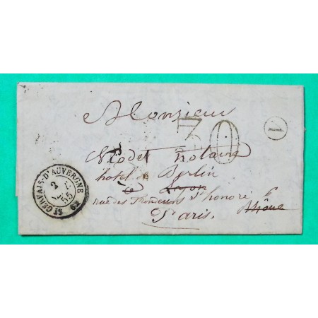 CAD TYPE 15B ST GERVAIS D'AUVERGNE PUY DE DOME BOITE RURALE A GOUTTIERES POUR LYON REEXP PARIS 1855