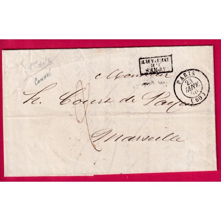 APRES LE DEPART 1ERE DATE CONNUE 23 JANVIER 1850 TAXE 2 PARIS POUR MARSEILLE