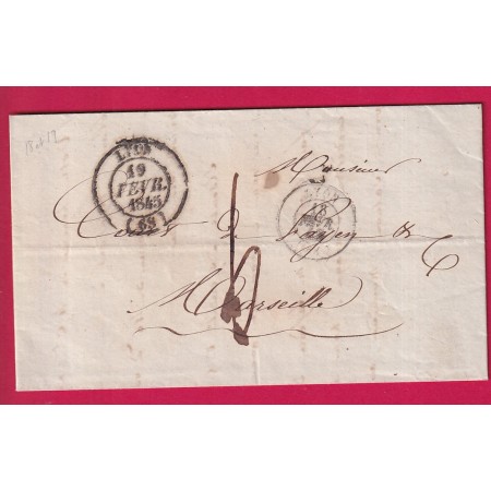 PRECURSEUR APRES LE DEPART LYON CAD TYPE 15 + 14 18 PUIS 19 FEVRIER 1845 POUR MARSEILLE