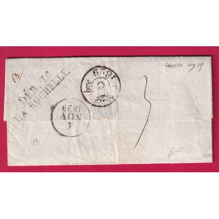 DEBOURSE DEB 16 LA ROCHELLE CHARENTE INFERIEURE 1829 INDICE 19 AU DOS DATEUR A + CACHET ARRIVE PARIS
