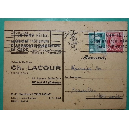 N°676 + 807 MIXTE MAZELIN GANDON CARTE POSTALE PUB VIANDE DE CHEVRE LACOUR ROMANS DROME 1949 LETTRE COVER FRANCE