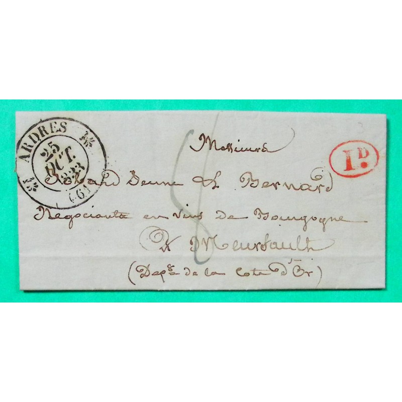 CAD TYPE 12 ARDRES PAS DE CALAIS DECIME RURAL AUTINGUES POUR MEURSAULT COTE D'OR 1833