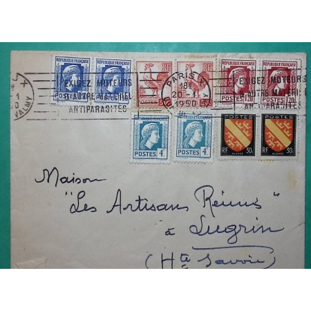 N°633 x3 + 638 x2 + 639 x2 + 643 x2 + 756 x2 BEL AFFRANCHISSEMENT COQ MARIANNE D'ALGER ARMOIRIES PARIS 1950 COVER FRANCE