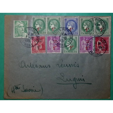 N°483 x2 + 484 x2 + 487 + 488 x5 + 809 MIXTE PAIX CERES SURCHARGE GANDON BEL AFFRANCHISSEMENT PARIS 1951 COVER FRANCE