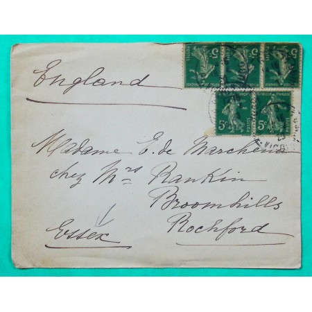 N°137 X5 SEMEUSE TARIF 25C ETRANGER POUR ESSEX ANGLETERRE 1923