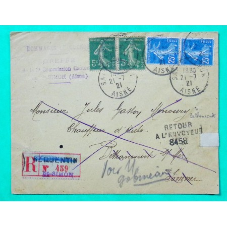 N°137 x2 + 140 x2 SEMEUSE RECOMMANDE ST SIMON AISNE RETOUR ENVOYEUR 8458 BETHANCOURT SUR MER SOMME 1921