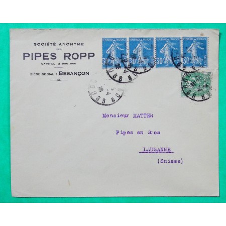 N°111 + N°192 x4 BLANC SEMEUSE ENVELOPPE PUB PIPES ROPP BESANCON TARIF 1F25 POUR LAUSANNE SUISSE 1928