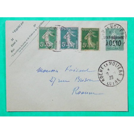 ENTIER SEMEUSE TAXE REDUITE + COMPLEMENT AFFRANCHISSEMENT N°137 x3 3 NUANCES DIFFERENTES 1928