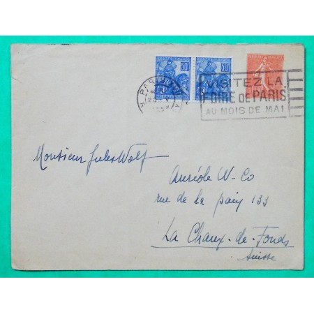 ENTIER SEMEUSE 50C LIGNE + COMPLEMENT AFFRANCHISSEMENT N°257 x2  JEANNE D'ARC PARIS POUR LA CHAUX DE FONDS SUISSE 1929