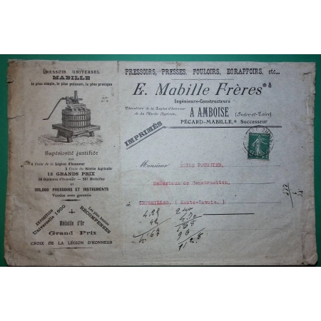 N°137 SEMEUSE BELLE ENVELOPPE PUB TARIF IMPRIME PRESSOIR MABILLE AMBOISE INDRE ET LOIRE POUR CRUSEILLES COVER FRANCE