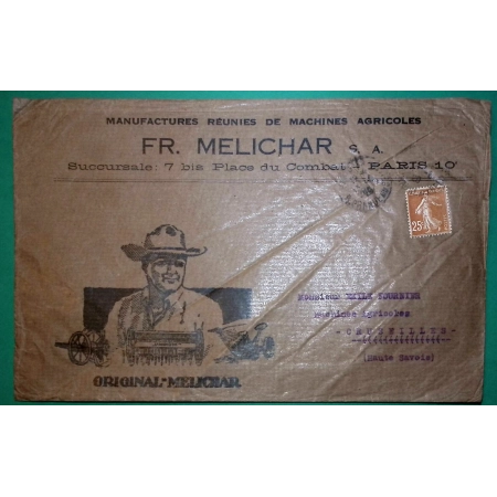 N°235 SEMEUSE BELLE ENVELOPPE PUB TARIF IMPRIME 5ème ECHELON MANUFACTURE MACHINES AGRICOLES MELICHAR PARIS 1929 FRANCE
