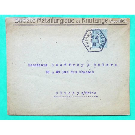 N°130 SEMEUSE OBLITERATION ALSACE LORRAINE KNUTANGE-ACIERIES LETTRE SOCIETE METALLURGIQUE 1920
