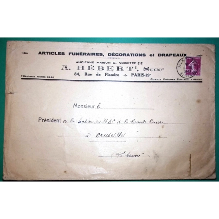 N°190 SEMEUSE BELLE ENVELOPPE PUB TARIF IMPRIME 4ème ECHELON ARTICLES FUNERAIRES HEBERT PARIS 1935 LETTRE COVER FRANCE