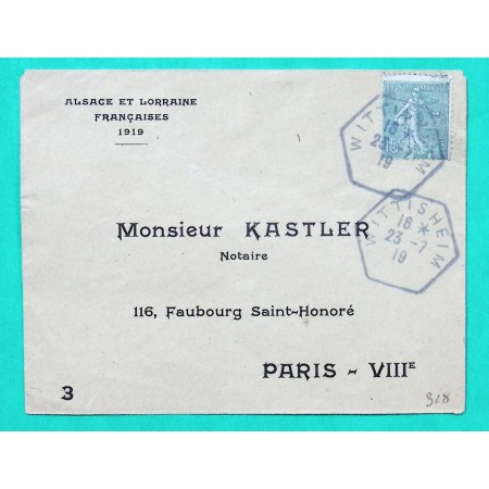 N°130 SEMEUSE CACHET RECETTE WITTISHEIM LETTRE ALSACE ET LORRAINE FRANCAISE 1919