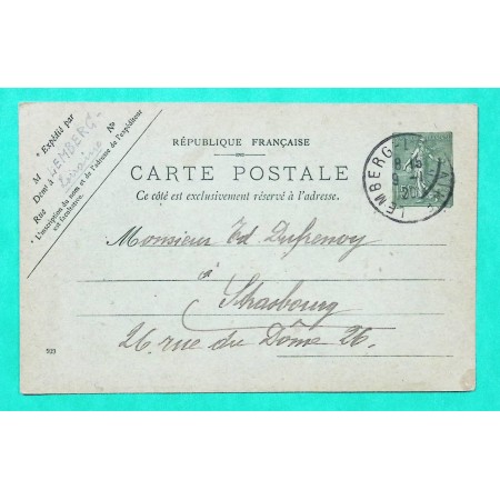 ENTIER SEMEUSE 15C LIGNEE OBLITERATION LEMBERG ALSACE LORRAINE CARTE POSTALE POUR STRASBOURG BAS RHIN 1920