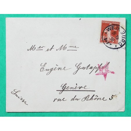 N°138 SEMEUSE OBLITERATION ALLEMANDE WEINBURG WEINBOURG BAS RHIN POUR GENEVE SUISSE 1918