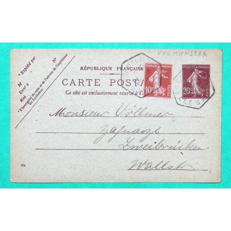 ENTIER 20C SEMEUSE + COMPLEMENT AFFRANCHISSEMENT N°138 CACHET RECETTE VOLMUNSTER MOSELLE POUR ZWEIBRÜCKEN ALLEMAGNE 1922
