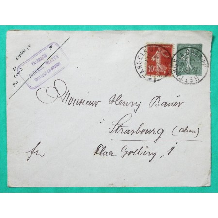 ENTIER 15C SEMEUSE LIGNEE + COMPLEMENT AFFRANCHISSEMENT N°138 CACHET HETTANGE LA GRANDE MOSELLE POUR STRASBOURG