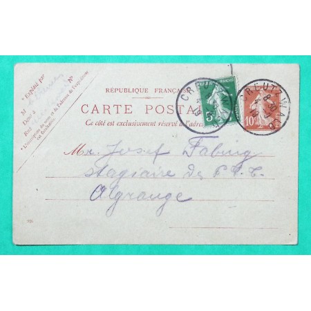 ENTIER 10C SEMEUSE + COMPLEMENT AFFRANCHISSEMENT N°137 CACHET CREUTZWALD MOSELLE POUR ALGRANGE 1919