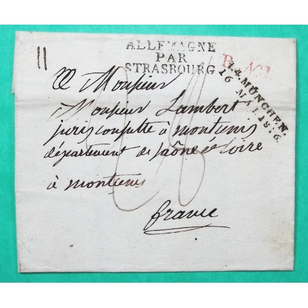 MARQUE MÜNCHEN MUNICH ALLEMAGNE POUR MONTCENIS SAONE ET LOIRE GRIFFE ENTREE ALLEMAGNE PAR STRASBOURG 1816