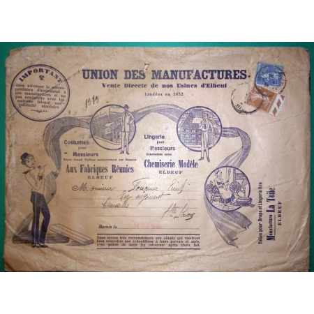 N°235 + 237 SEMEUSE BELLE ENVELOPPE PUB ILLUSTREE TARIF IMPRIME UNION DES MANUFACTURES VETEMENTS ELBEUF 1930 FRANCE