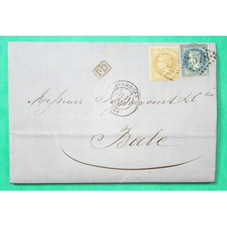 N°28 + 29 GC 2578 MULHOUSE HAUT RHIN TARIF 30C POUR BÂLE SUISSE 1870