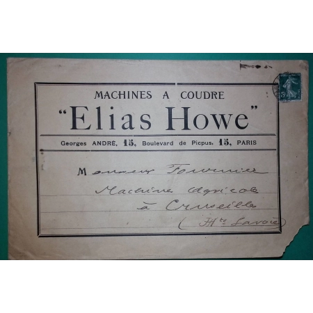 N°137 SEMEUSE ENVELOPPE PUB TARIF IMPRIME MACHINE A COUDRE ELIAS HOWE PARIS POUR CRUSEILLES HAUTE SAVOIE COVER FRANCE