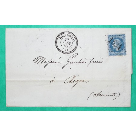 N°29 GC 1534 CAD TYPE 22 FOLEMBRAY AISNE BELLE ETIQUETTE VERSO POUR AIGRE CHARENTE 1868
