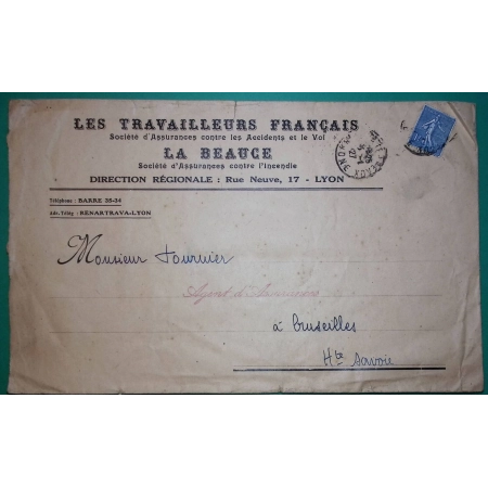 N°205 1F SEMEUSE ENVELOPPE PUB TARIF IMPRIME LES TRAVAILLEURS FRANCAIS LA BEAUCE ASSURANCES LYON 1927 COVER FRANCE