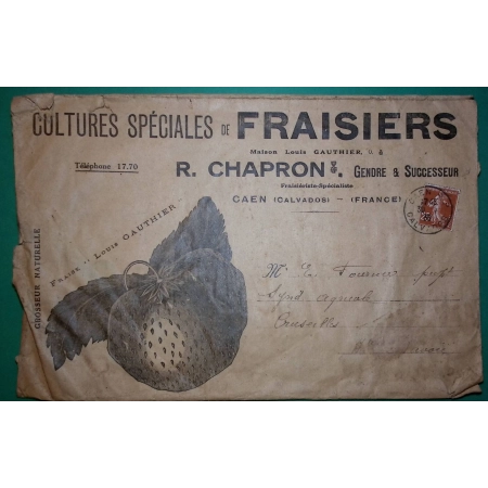N°235 SEMEUSE BELLE ENVELOPPE PUB ILLUSTREE TARIF IMPRIME 5ème ECHELON FRAISIERS FRAISES CHAPRON CAEN CALVADOS 1936