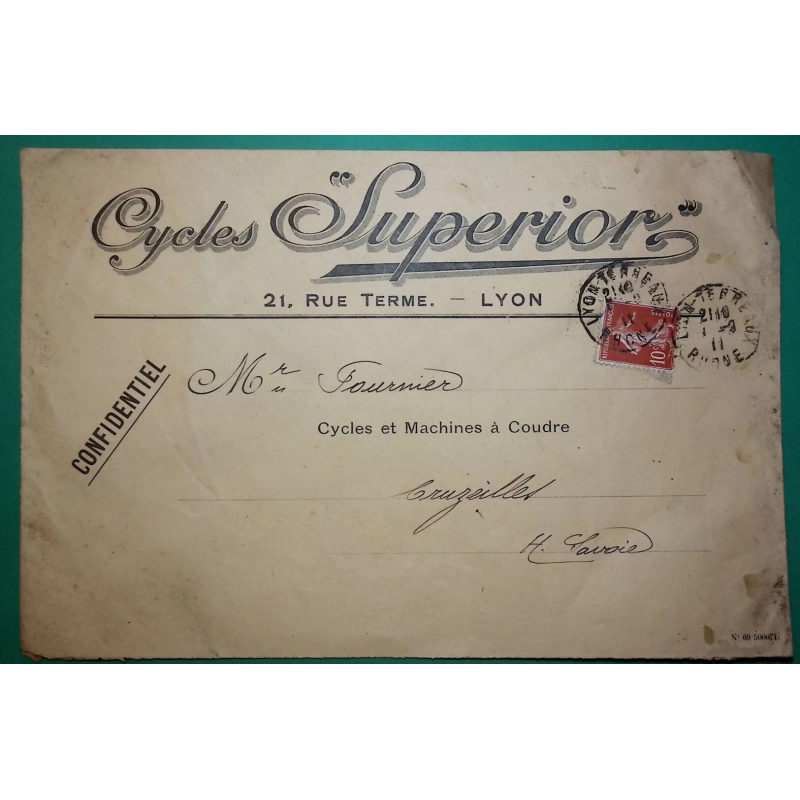N°138 SEMEUSE ENVELOPPE PUB TARIF IMPRIME 2ème ECHELON CYCLES SUPERIOR LYON RHONE POUR CRUSEILLES 1911 COVER FRANCE