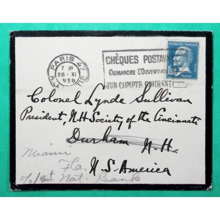 N°181 PASTEUR LETTRE PARIS POUR DURHAM ETATS UNIS REEXP MIAMI 1928