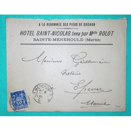 N°101 SAGE CAD TYPE A STE MENEHOULD MARNE ENVELOPPE PUB ENTETE HOTEL ST NICOLAS RENOMMEE DES PIEDS DE COCHON + LETTRE 1892