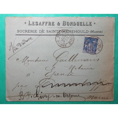 N°90 SAGE CAD TYPE A STE MENEHOULD MARNE ENVELOPPE PUB ENTETE LESAFFRE BONDUELLE SUCRERIE + LETTRE 1890