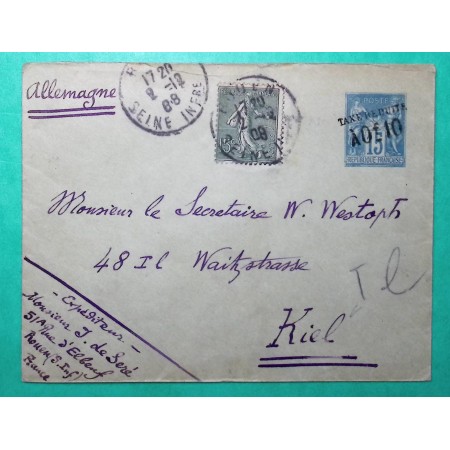 ENTIER SAGE TAXE REDUITE + COMPLEMENT AFFRANCHISSEMENT N°130 SEMEUSE LETTRE ROUEN POUR KIEL ALLEMAGNE 1908