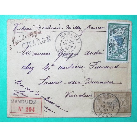 N°120 + 143 MERSON LETTRE CHARGE MANDUEL GARD POUR LAURIS SUR DURANCE VAUCLUSE 1921