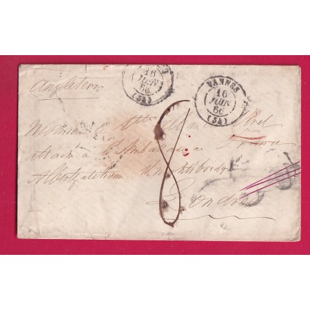 CAD TYPE 15 VANNES MORBIHAN TAXE TAMPON 30 ANNULE PAR 8 DECIMES POUR LONDRES ANGLETERRE 1866