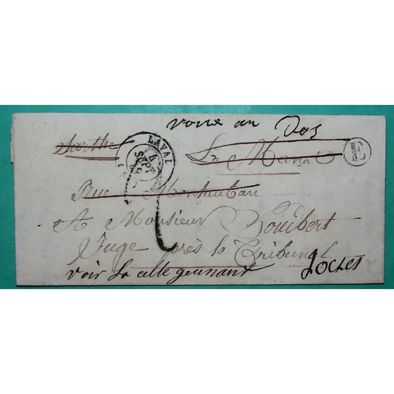 CAD TYPE 15 LAVAL MAYENNE BOITE RURALE E NUILLE SUR VICOIN POUR LE MANS SARTHE REEXP LOCHES INDRE ET LOIRE 1849 FRANCE