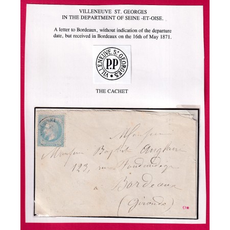 COMMUNE DE PARIS CAD DE FORTUNE PP VILLENEUVE ST GEORGES SEINE ET OISE POUR BORDEAUX GIRONDE RARE INDICE 35