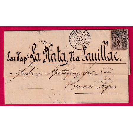 N°92 AMBULANT DE JOUR BORDEAUX A POITIERS 1889 POUR BUENOS AIRES ARGENTINE ARGENTINA TEXTE DE LORMONT GIRONDE