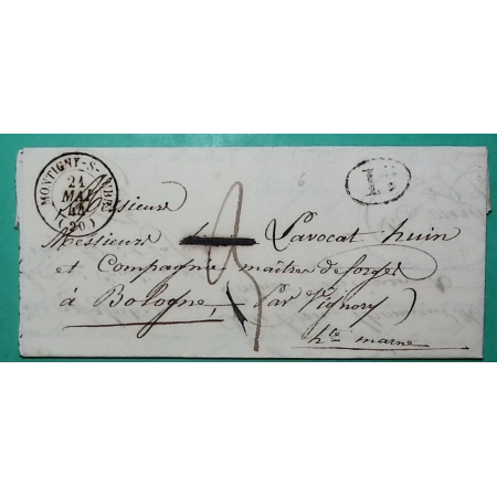 CAD TYPE 15 MONTIGNY SUR AUBE COTE D'OR DECIME RURAL VEUXHAULLES POUR BOLOGNE HAUTE MARNE 1844 LETTRE COVER FRANCE